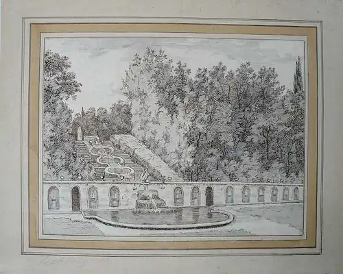 Rehberg, Friedrich (1758 Hannover - 1835 München),, Brunnenanlage in einem italienischen Garten. Lavierte Tuschfederzeichnung in Braun