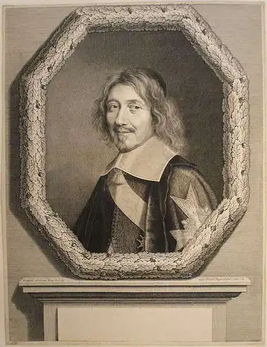 Nanteuil, Robert (1623 Reims - 1678 Paris),, Brustbildnis Michel Le Telliers im Halbprofil nach links in repräsentativem Rahmen mit Eichenlaub-Ornament auf einem Postament. Radierung