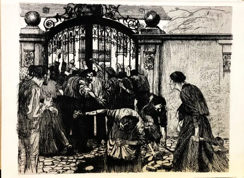 Kollwitz, Käthe (1867 Königsberg - 1945 Moritzburg b. Dresden),, Am Parktor (Sturm). Radierung 0