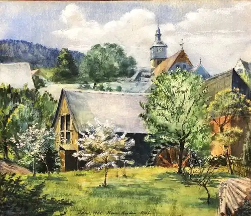 Heyden, Hermann (1882 Köln - 1958 Düsseldorf),, Wassermühle am Idar (Idarbach) im Frühling. Aquarell und Deckweiß auf leichtem Karton
