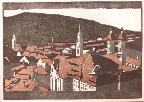 Cunz, Martha (1876 - St. Gallen - 1961),, Blick auf St. Gallen. Farbiger Holzschnitt