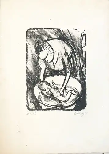 Herbig, Otto (1889 Dornhof - 1971 Weilheim in Oberbayern),, Das Bad (Mutter beim Kindbaden). Lithographie