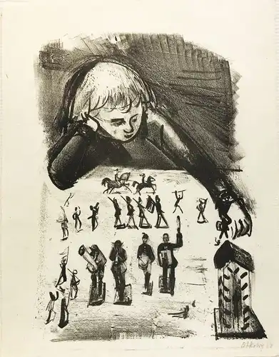 Herbig, Otto (1889 Dornhof - 1971 Weilheim in Oberbayern),, Die Bleisoldaten (Spielendes Kind). Lithographie