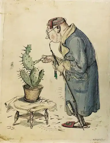 Weber, A. Paul (1893 Arnstadt - 1980 Mölln),, Mann schneidet Kaktus die Stacheln ab (Spießer). Kolorierte Tuschfederzeichnung