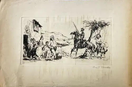 Mather, Arvid (1905 Barmen - 1950 Düsseldorf,, Don Quijote und Sancho Panza vor dem Wirtshaus. Radierung