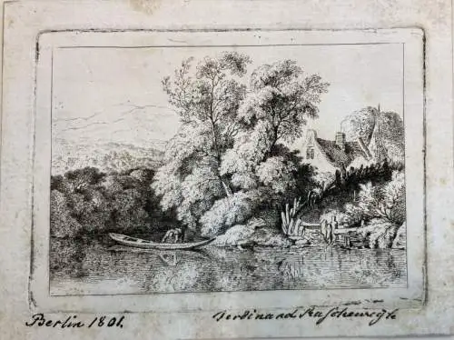 Ruscheweyh, Ferdinand (1785 - Neustrelitz - 1846),, Haus an einem Fluss mit Boot. Radierung