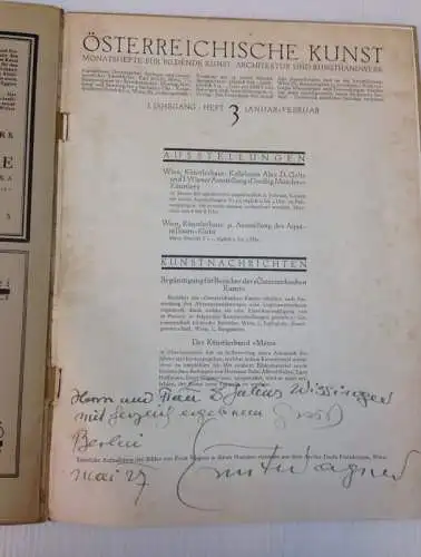 Strobl, Karl (Hrsg.): Österreichische Kunst. Monatshefte für Bildende Kunst, Architektur und Kunsthandwerk. 1. Jahrgang, Heft 3,  Januar   Februar: Ernst Wagner. Mit handschriftlicher.. 