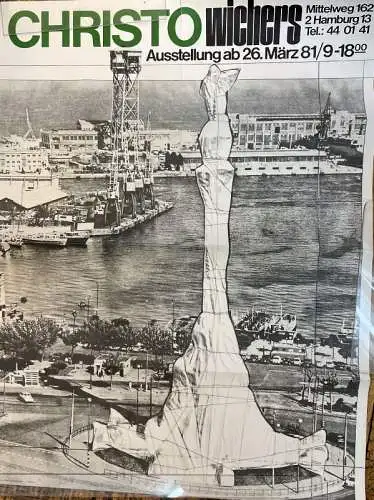 Original Plakat zur Ausstellung "CHRISTO wichers". nach "Verpacktes Kolumbus Denkmal", Projekt für Barcelona 1984