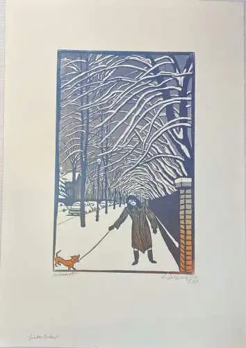 Felixmüller, Conrad (1897 Dresden - 1977 Berlin),, Berlin-Zehlendorf, Vorortsstrasse im Winter. Farbholzschnitt