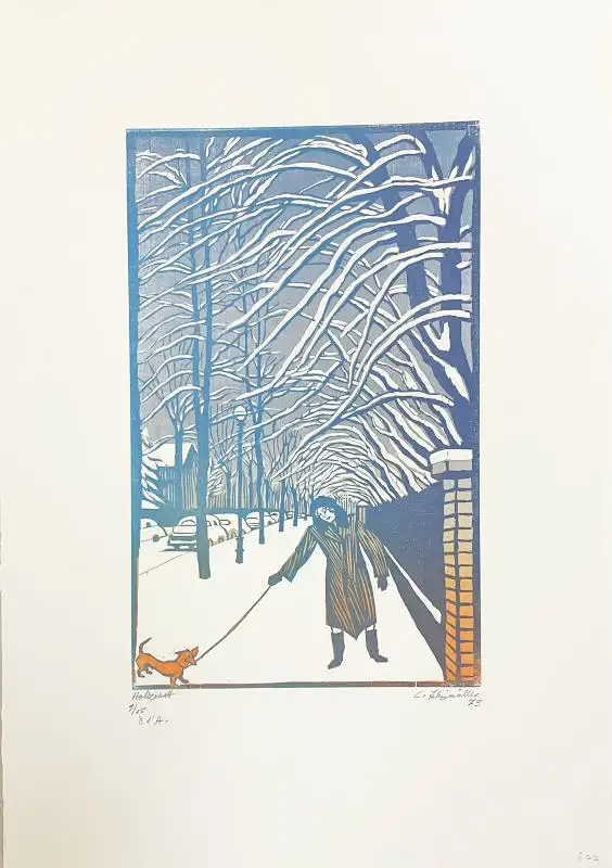 Felixmüller, Conrad (1897 Dresden - 1977 Berlin),, Berlin-Zehlendorf, Vorortsstrasse im Winter. Farbholzschnitt 0