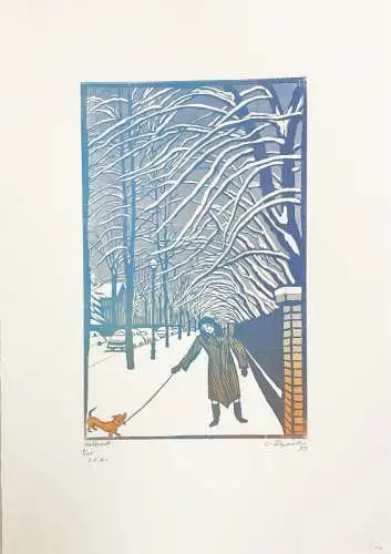 Felixmüller, Conrad (1897 Dresden - 1977 Berlin),, Berlin-Zehlendorf, Vorortsstrasse im Winter. Farbholzschnitt