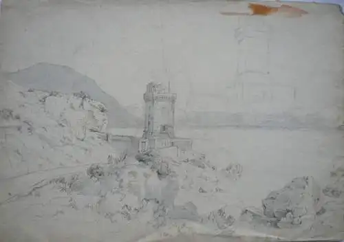 Emminger, Eberhard (1808 - Biberach - 1885),, Der Torre Gregoriana in Terracina. Bleistift, laviert