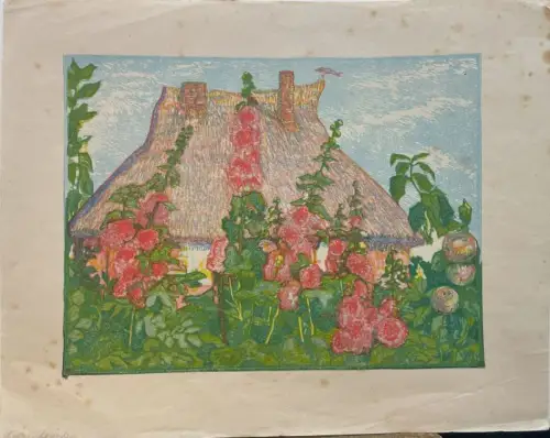 Schultze-Jasmer, Theodor (1888 Oschatz - 1975 Prerow),, Reetgedecktes Haus mit Stockrosen (Darßer Kunsthütte). Farbiger Linolschnitt