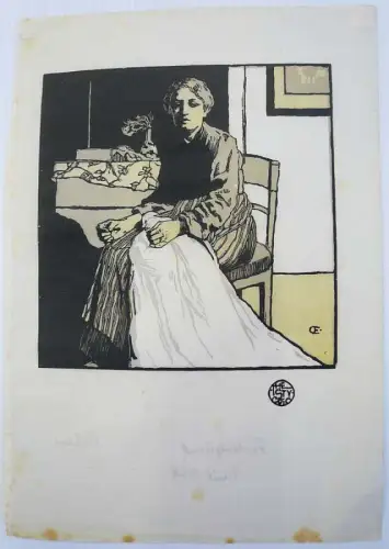 Orlik, Emil (1870 Prag - 1932 Berlin),, Näherin. Farbholzschnitt in Beige, Hellbraun und Schwarz