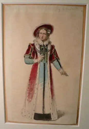 Daffinger, Moritz Michael (1790 Wien 1849),, Kostümentwurf "Herzogin zu Friedland" zu Schillers Wallenstein. Aquarell mit Gold- und Deckweisshöhung über Tuschfeder