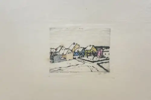 Olbricht, Alexander (1876 Breslau - 1942 Weimar),, Häuser und Bäume mit einer Wegkreuzung im Vordergrund (Oberweimar). Kolorierte Radierung