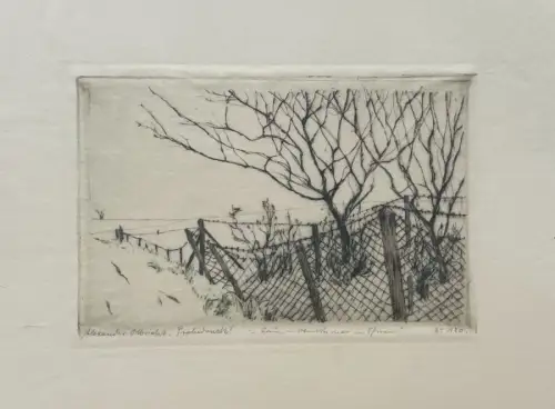 Olbricht, Alexander (1876 Breslau - 1942 Weimar),, Zaun in Oberweimar im Schnee. Ankolorierte Radierung
