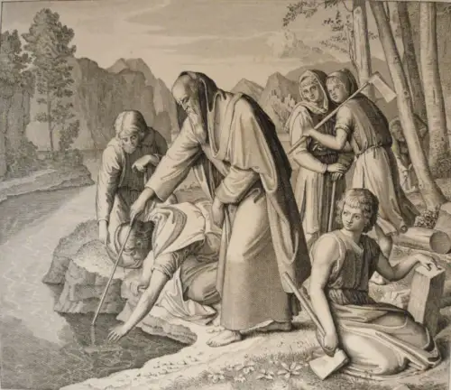 Ruscheweyh, Ferdinand (1785 - Neustrelitz - 1846),, Das Wunder des Elisa mit dem schwimmenden Beil. Radierung nach Friedrich Overbeck