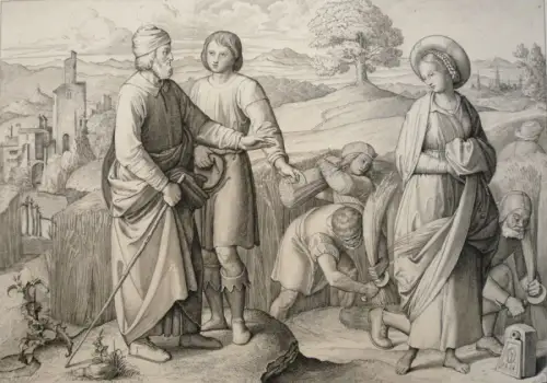 Ruscheweyh, Ferdinand (1785 - Neustrelitz - 1846),, Ruth und Boas. Radierung nach Friedrich Overbeck