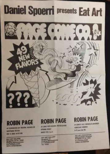 Daniel Spoerri presents Eat Art: Robin Page. Announcement poster in black and white for Page`s exhibition at Spoerri`s Eat Art Gallery, printed on one side. / Einseitig bedrucktes schwarzweißes Poster. 