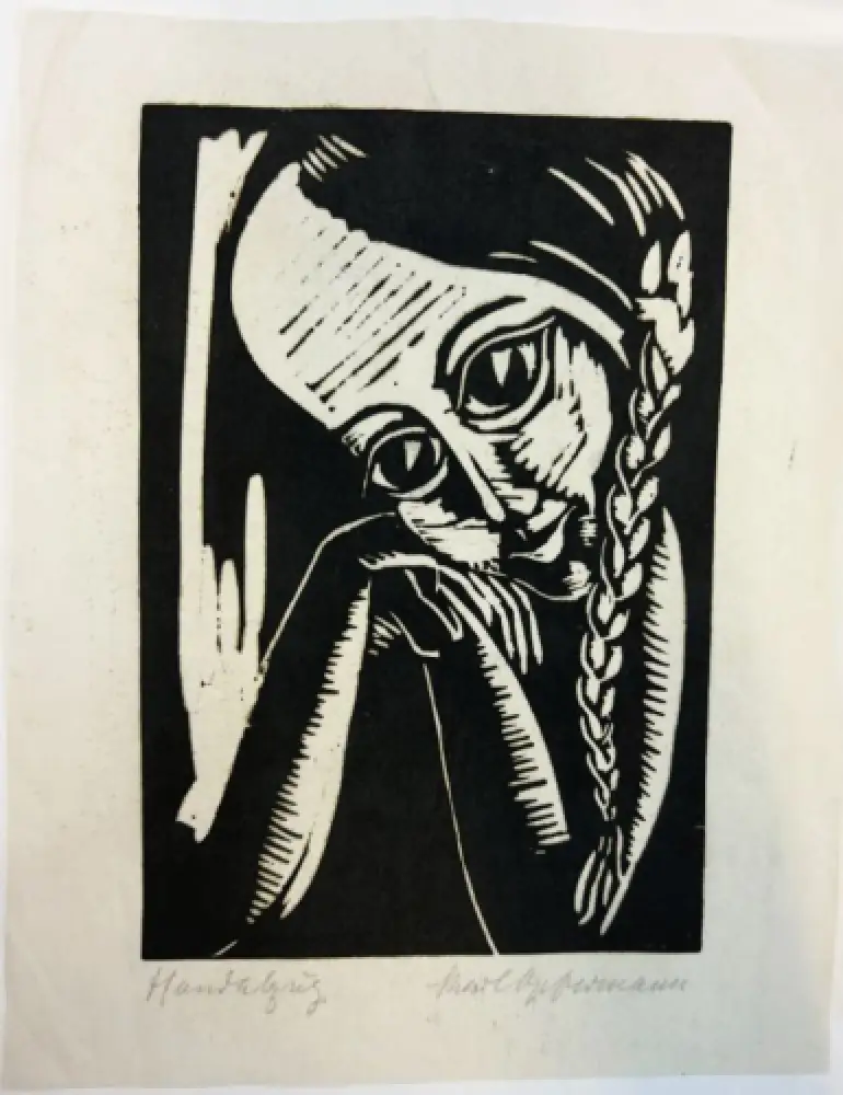Opfermann, Karl (Rodding Kommune  - 1960 Ahrensburg),, Mädchenkopf mit Zopf. Linolschnitt 0