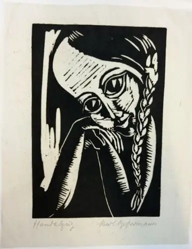 Opfermann, Karl (Rodding Kommune  - 1960 Ahrensburg),, Mädchenkopf mit Zopf. Linolschnitt