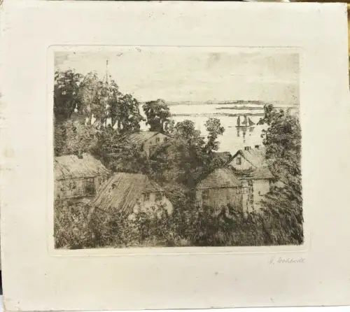 Wohlwill, Gretchen (1878 - Hamburg - 1962),, Häuser in Blankenese. Aquatintaradierung