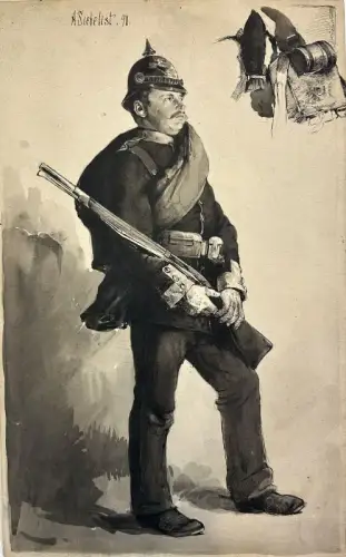 Siebelist, Arthur (1870 Loschwitz b. Dresden - 1945 Hittfeld b. Hamburg),, Preußische Infanterist mit Gewehr und Gepäck. Tuschfeder laviert auf leichtem Karton