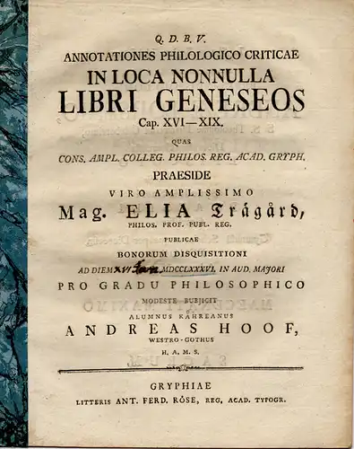 Hoof, Andreas: aus Västergötland: Annotationes Philologico Criticae in loca nonnnulla Libri Geneseos Cap. XVI-XIX. (Sprachkritische Anmerkungen mancher Orte in den Büchern Genesis,  Kap.  XVI - XIV). 