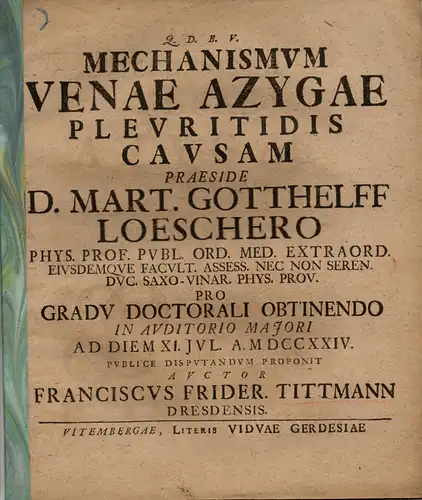 Tittmann, Franziskus Friedrich: aus Dresden: Medizinische Inaugural-Dissertation. Mechanismum venae azygae pleuritidis causam. (Über den Mechanismus der Vena azygos als Ursache der Brustfellentzündung). 