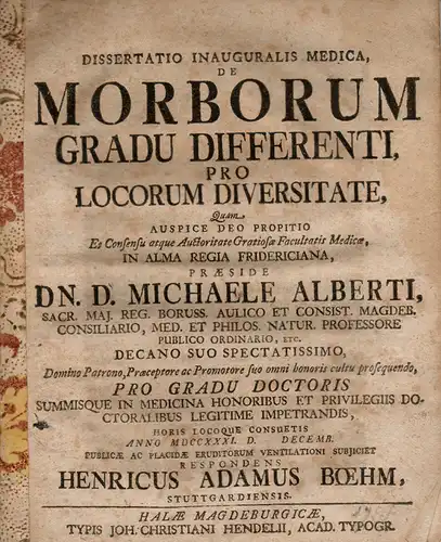 Boehm, Heinrich Adam: aus Stuttgart: Medizinische Inaugural-Dissertation. De morborum gradu differenti, pro locorum diversitate. (Über den unterschiedlichen Grad von Krankheiten durch die Verschiedenheit der Orte). 