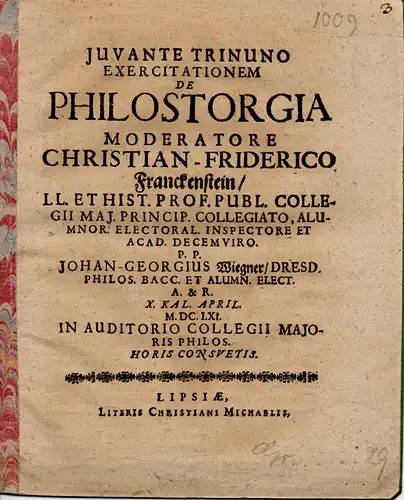 Wiegner, Johann-Georg aus Dresden: Philosophische Inaugural-Dissertation. De philostorgia. (Über die Verliebtheit). 
