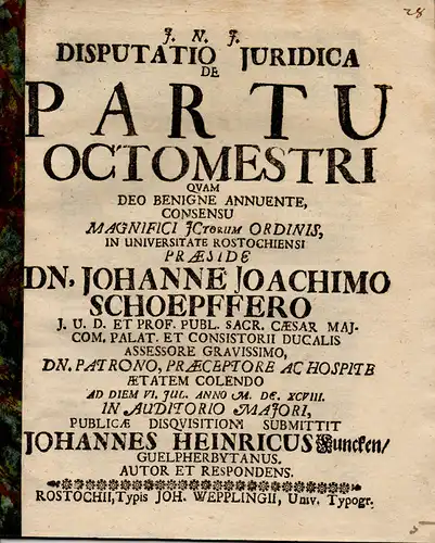 Funcke, Johannes Heinrich aus Wolfenbüttel: Juristische Inaugural-Dissertation. De partu octomestri. (Über die Geburt des Achtmonatskindes). 