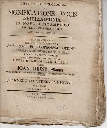 Gusov, Johannes Gothofred: Philologische Disputation. De significatione vocis Deisidaimonia in novo testamento ad illustranda loca act. XVII. 22. XXV. 19 (Über die Bedeutung des Wortes.. 