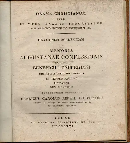 Eichstad, Heinrich Carl Abraham: Drama Christianum quod Christos Paschon inscribitur num Gregorio Nazianzeno tribuendum sit. 