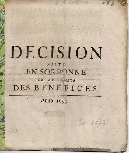 Decision faite en Sorbonne sur la pluralité des benefices. 