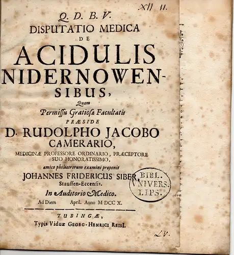 Siber, Johannes Friedrich: Medizinische Disputatio. De acidulis Nidernowensibus. 