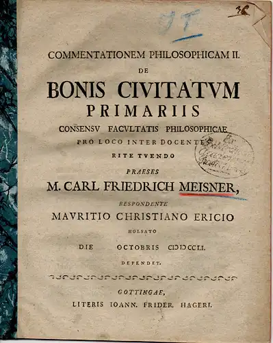 Erich, Moritz Christian aus Holstein: De bonis civitatum primariis. (Über die ersten Tugenden des Staates). 