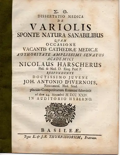 D´Ivernois, Johannes Anton: Medizinische Dissertation. De variolis sponte natura sanabilibus. 