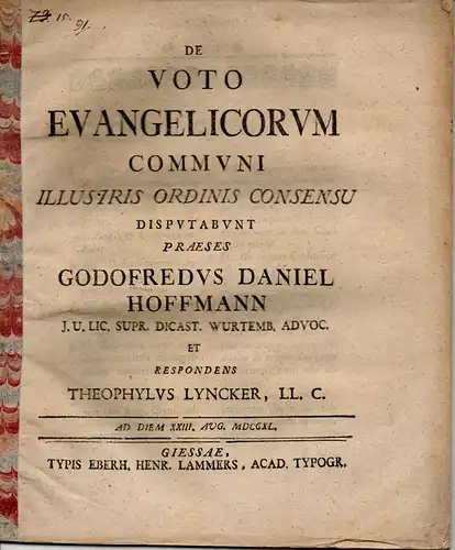 Lyncker, Theophil: Juristische Inaugural-Dissertation. De voto evangelicorum communi. 