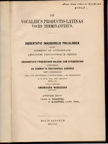 Wedding, Georg: De vocalibus productis latinas voces terminantibus. Dissertation. 