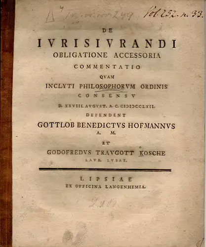 Kosche, Gottfried Traugott: aus Lauban: Juristische Inaugural-Dissertation. De iurisiurandi obligatione accessoria. 