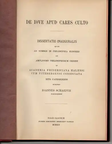 Schäfer, Johannes aus Elbing: De iove apud cares culto. Dissertation. 