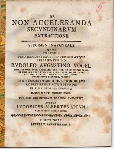 Appun, Ludwig Albert: aus Altenstein-Meiningen: Medizinische Abhandlung. De non acceleranda secundinarum extractione. 