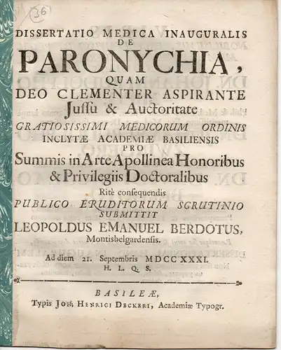 Berdot, Leopold Emanuel: aus Montbéliard: Medizinische Inaugural-Dissertation. De paronychia. 