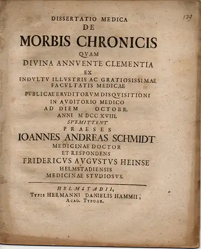 Heinse, Friedrich August: aus Helmstedt: Medizinische Dissertation. De morbis chronicis (Über chronische Krankheiten). 
