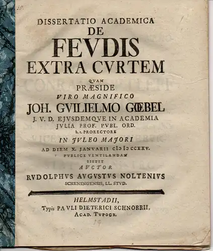 Nolte, Rudolf August: aus Schöningen: Juristische Dissertation. De Feudis Extra Curtem. 