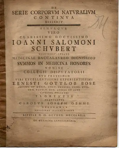 Schubert, Johann Salomon: aus Weigsdorf/Lausitz: Medizinische Dissertation. De serie corporum naturalium continna (Über die zusammenhängende Reihe natürlicher Körper). 