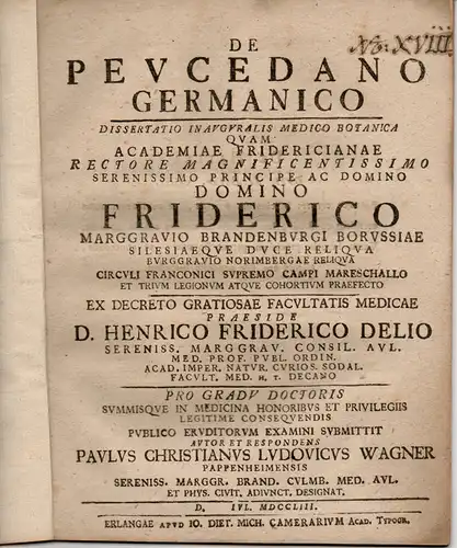 Wagner, Paul Christian Ludwig: aus Pappenheim: Medizinisch-Botanische Inaugural-Dissertation. De peucedano germanico. (Über den deutschen Haarstrang, Doldenblütler). 