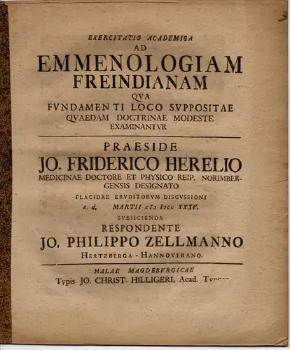 Zellmann, Johann Philipp: aus Hertzberg: Medizinische Abhandlung. Ad emmenologiam freindianam qua fundamento loco suppositae quaedam doctrinae modeste examinantur. 
